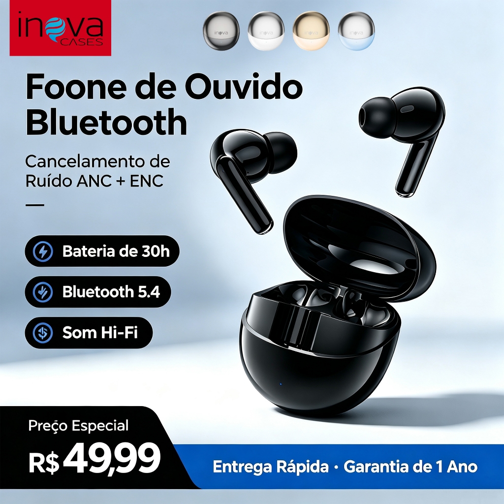 Fone de Ouvido Bluetooth 5.4 Inova TWS Sem Fio Hi-Fi com Estojo e USB-C - Toque Touch e Longa Bateria FON-13013