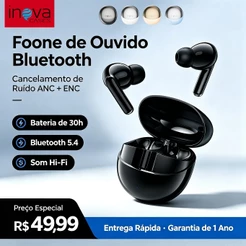 Fone de Ouvido Bluetooth 5.4 Inova TWS Sem Fio Hi-Fi com Estojo e USB-C - Toque Touch e Longa Bateria FON-13013