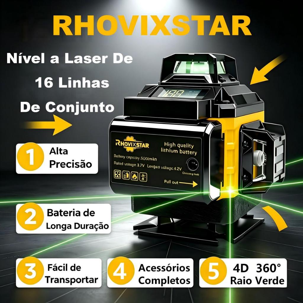 Conjunto De Nível a Laser De 16 Linhas, Incluindo 2 Baterias, Nível Profissional 4D De 360°, Laser Verde