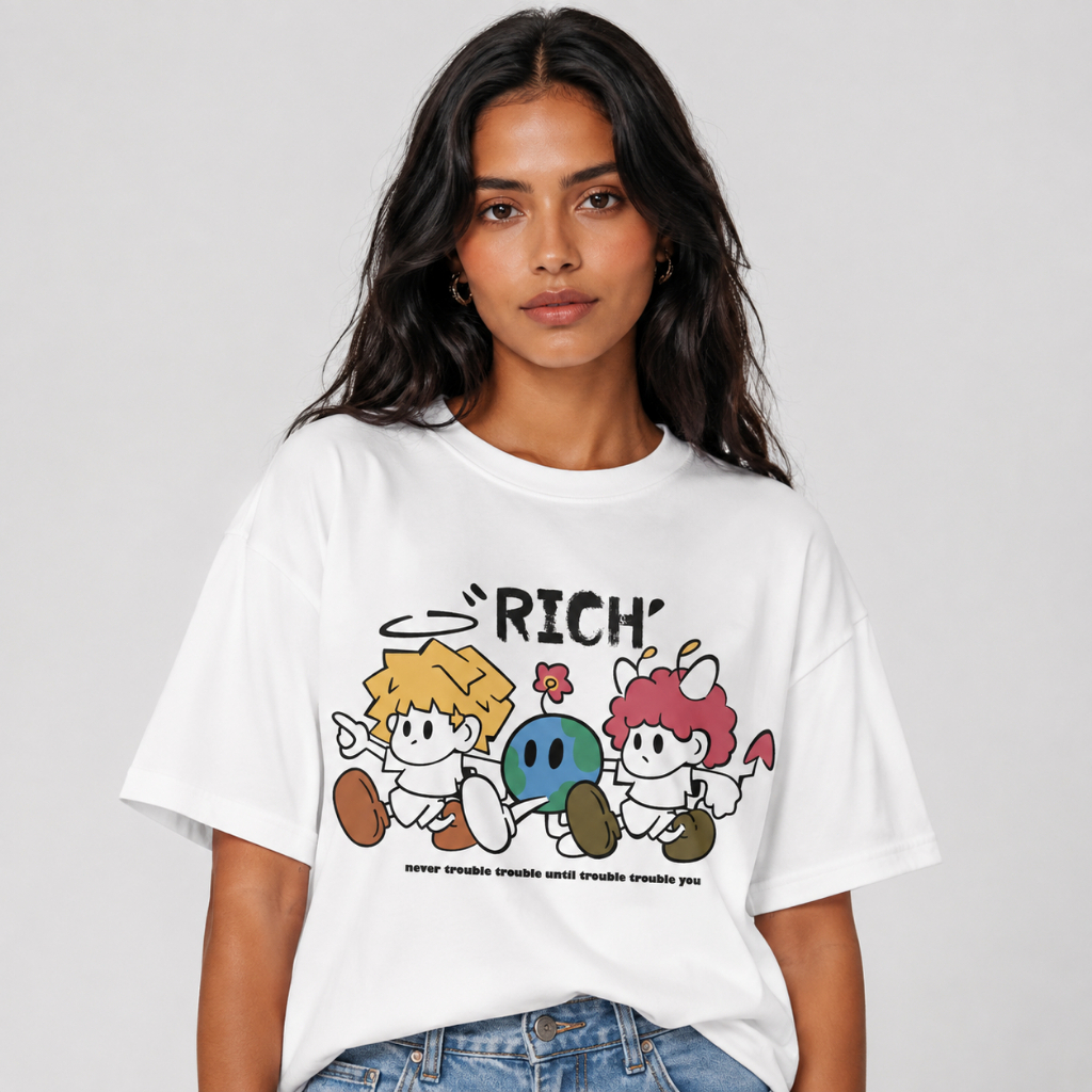 Camiseta 100% Algodão Unissex Estampa Personagens Cartoon e Letras Casual