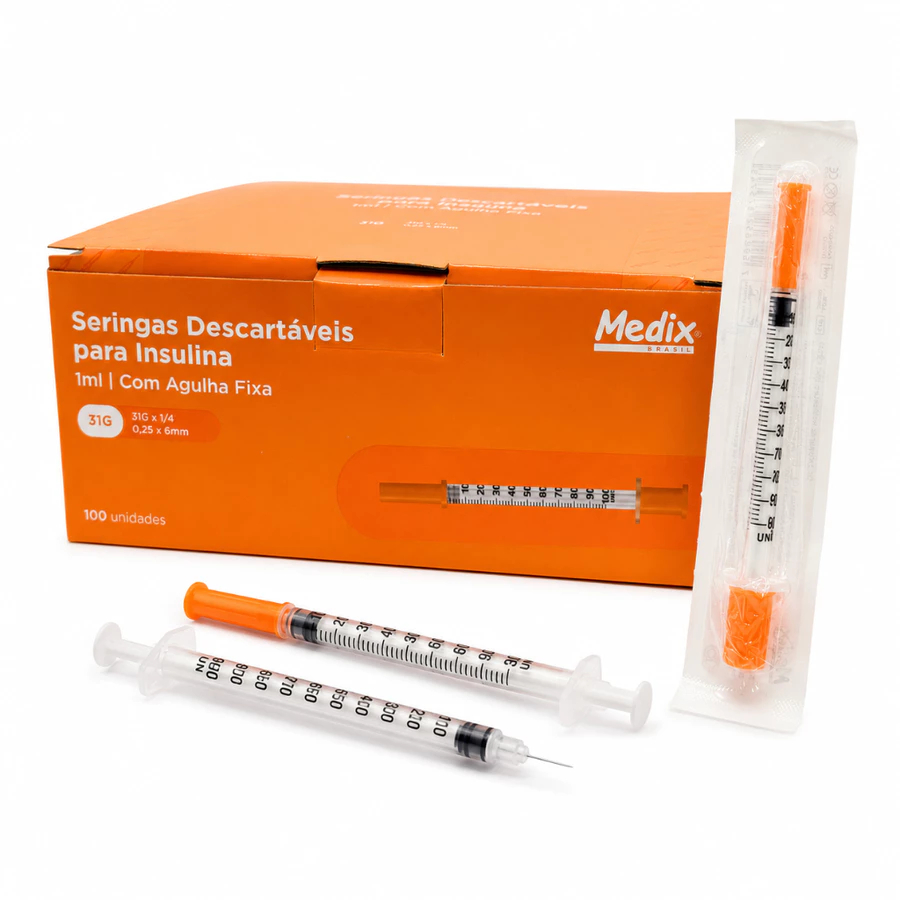 Seringa de insulina 1ml com agulha fixa 6x0,25 - Caixa com 100 unidades