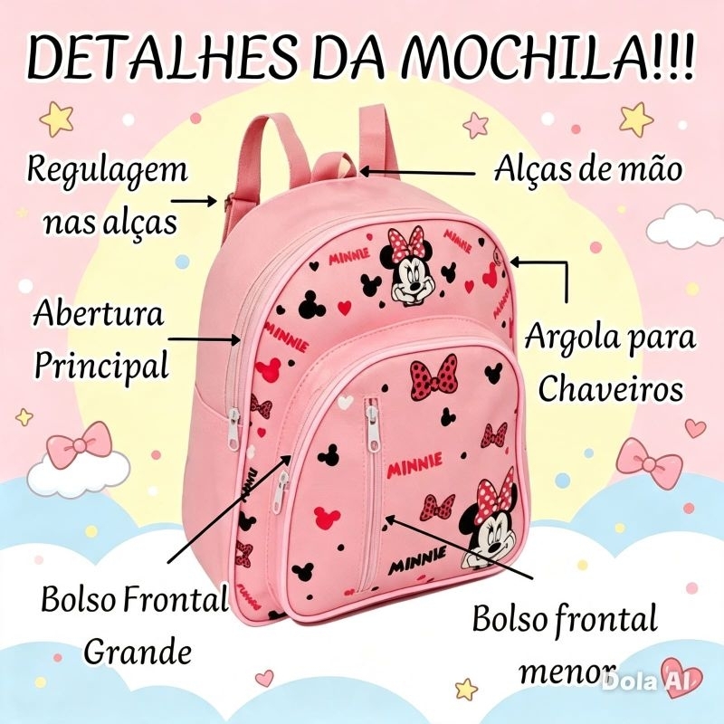 Mochila Infantil Escolar Grande Reforçada Stitch Minnie Escola Creche Passeio Juvenil Menino Menina — imagem 2 de 2