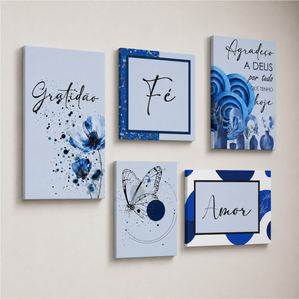 Kit 5 Quadros Decorativos Home Azul Espiral Borboleta Fé Gratidão