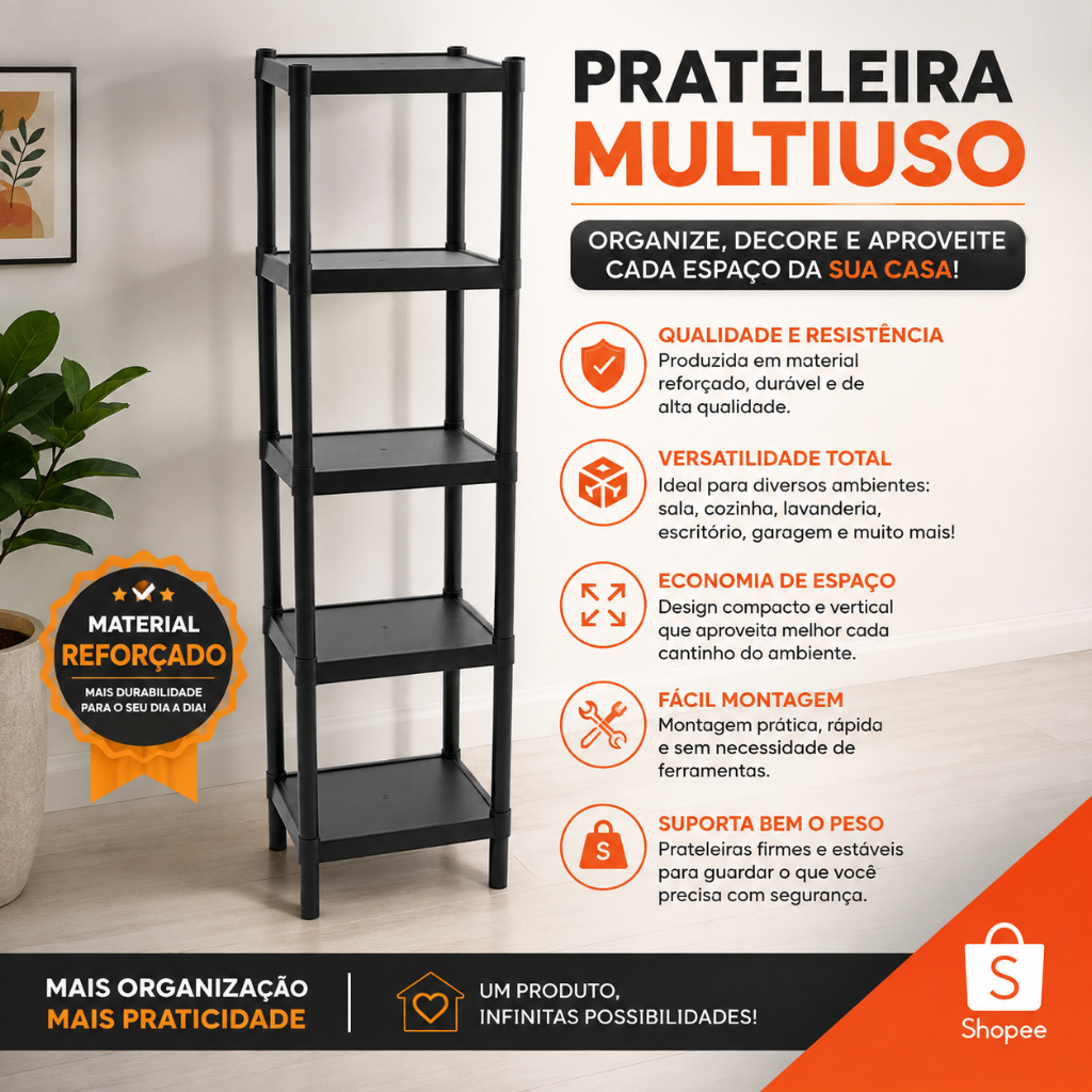 Estante Organizadora Multiuso 5 Andares Preta Prateleira Sapateira Banheiro Cozinha Quarto Lavanderia Casa Escritório