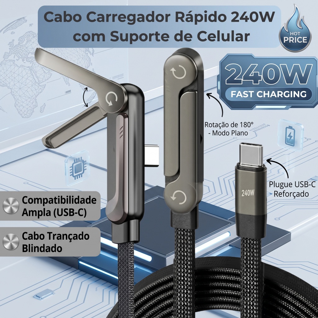 Cabo USB-C para USB-C 240W PD 3.1 1,5m Nylon Trançado Reforçado com Suporte Dobrável 2 em 1