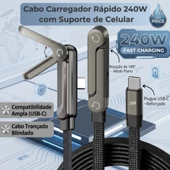 Cabo USB-C para USB-C 240W PD 3.1 1,5m Nylon Trançado Reforçado com Suporte Dobrável 2 em 1