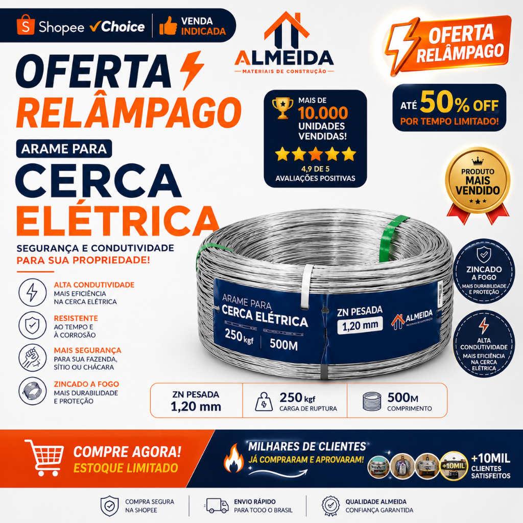 Arame de Choque Para Cerca Elétrica 1,20mm Galvanizado Zincado 500m  Alta Resistência Rural e Residencial