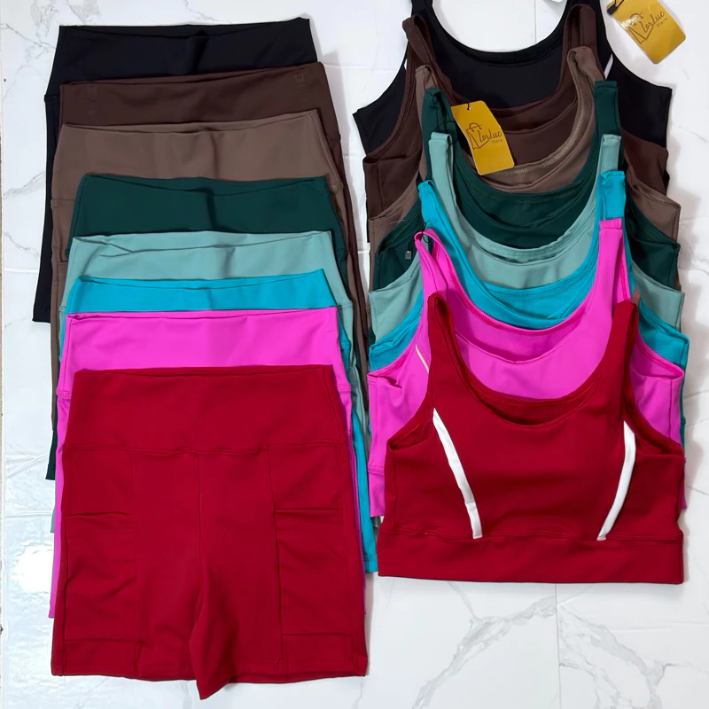 Conjunto Fitness Short E Top Duplo Cós Alto Poliamida Regata Corrida Roupa de Treino Feminina