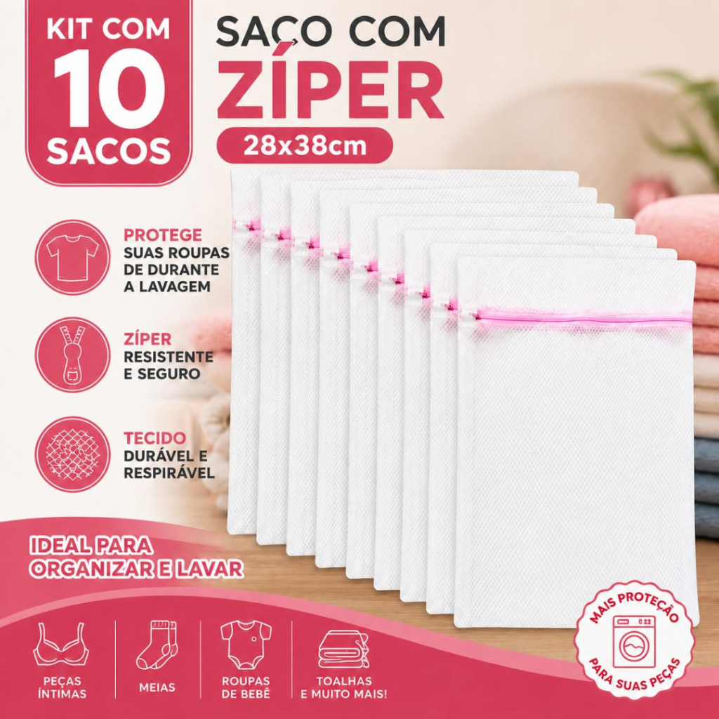 Kit 10 Sacos Para Lavar Organizar Roupa Máquina Com Zíper Delicada Proteger Tecido Sutiã Calcinha Reutilizável Saquinho