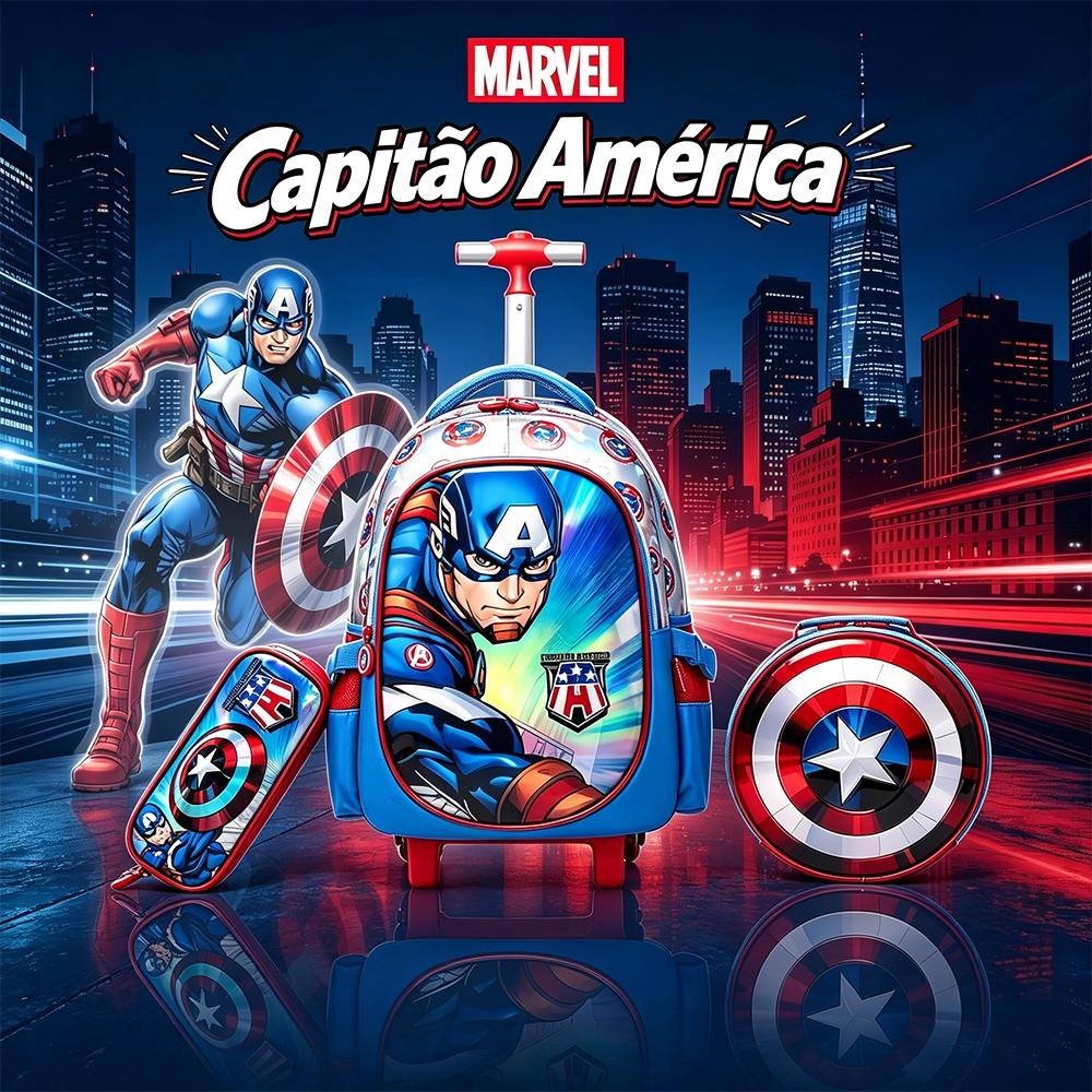 Marvel Conjunto de três peças com mochila com rodas do Capitão América para meninos