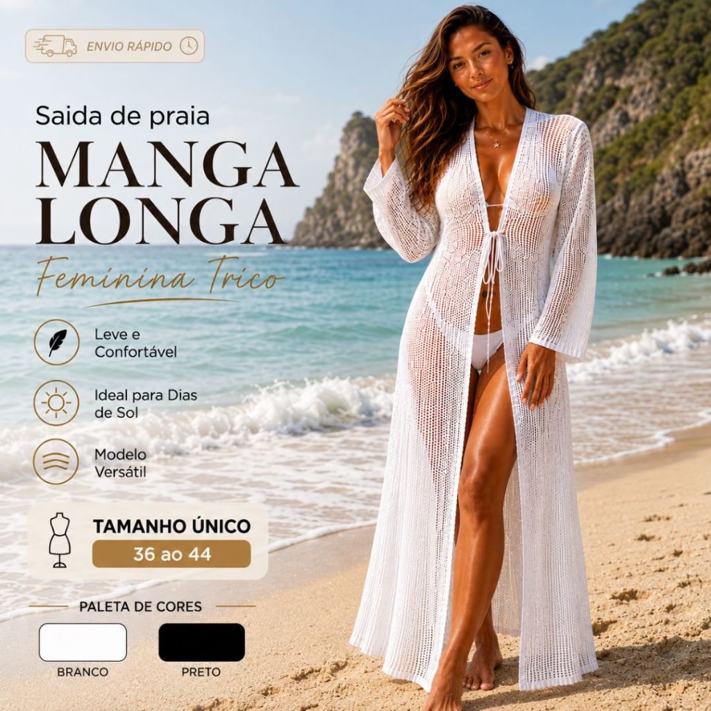 Saída de Praia Feminina Manga Longa Tricô Moda Verão Elegante