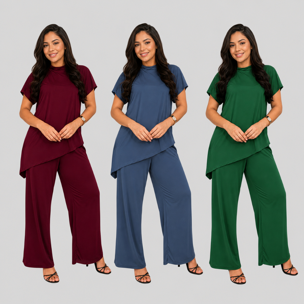 Conjunto Feminino Suede Calça Pantalona e Blusa Assimetrica Elegante Espojado