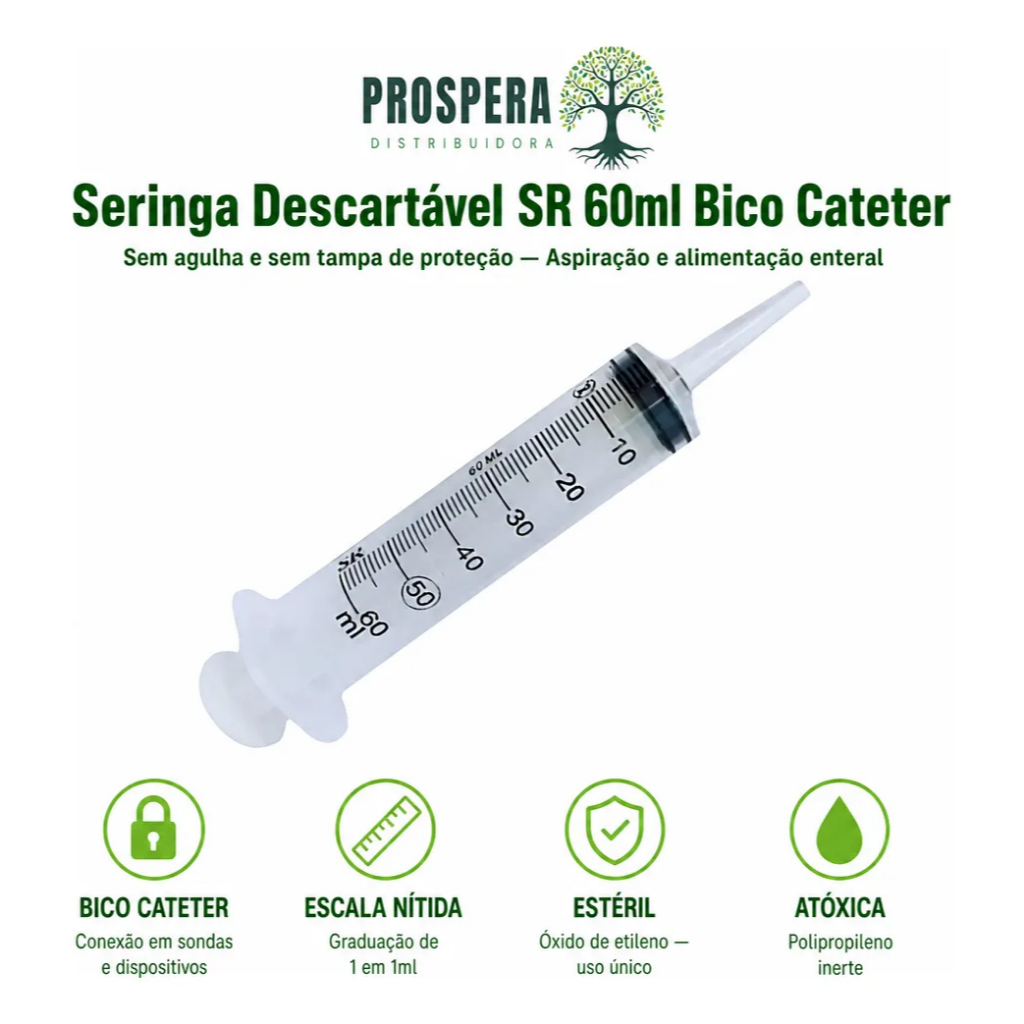 Seringa Descartável Sem Agulha 60ML - BICO CATETER - MARCA SR - Kit com 05, 10, 20 unidades