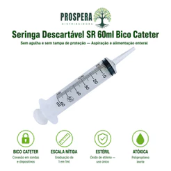 Seringa Descartável Sem Agulha 60ML - BICO CATETER - MARCA SR - Kit com 05, 10, 20 unidades