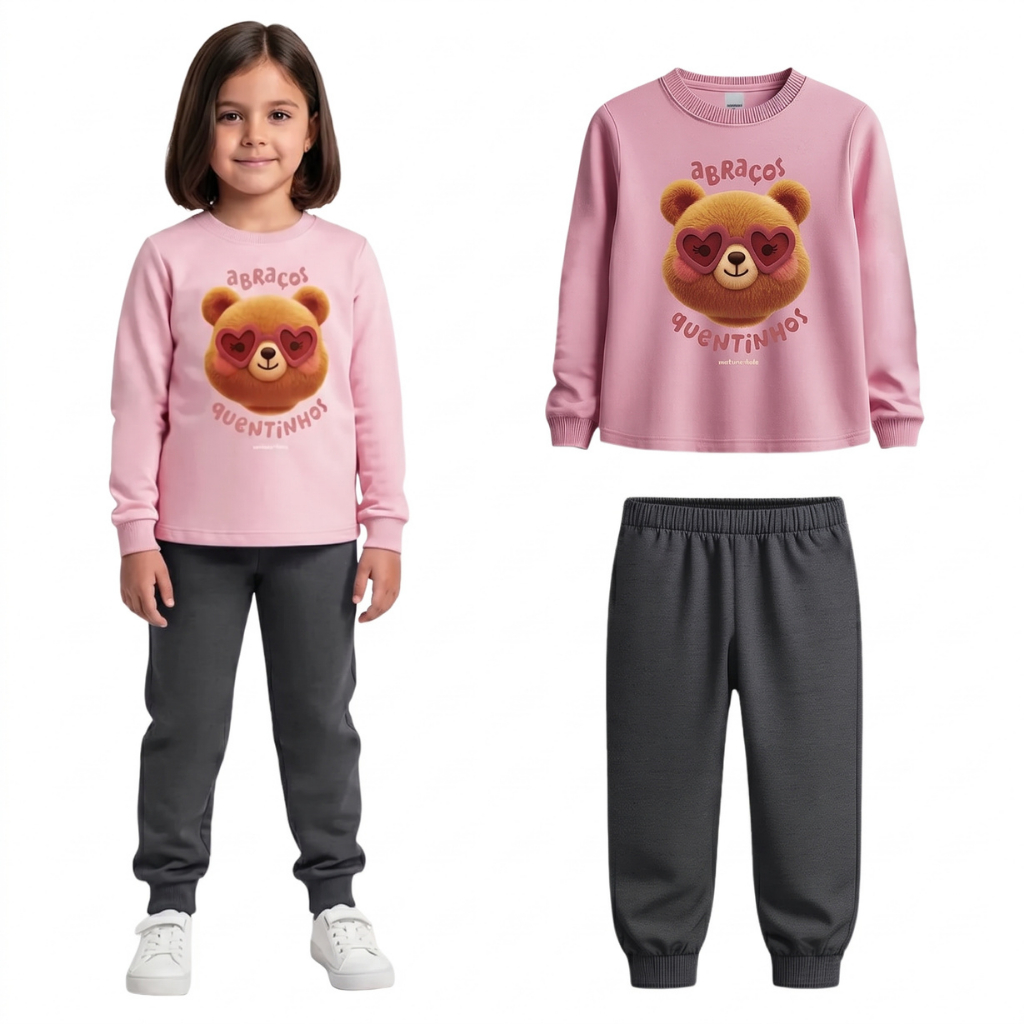 Conjunto Infantil Menina Blusão Calça Moletom Flanelado Malwee Kids Abraços Quentinhos