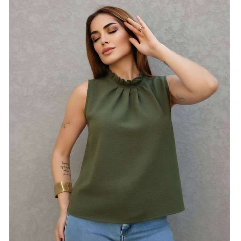 Blusa Regata Feminina Social Duna Gola Alta Com 1 Botão Costa Moda Super 2507
