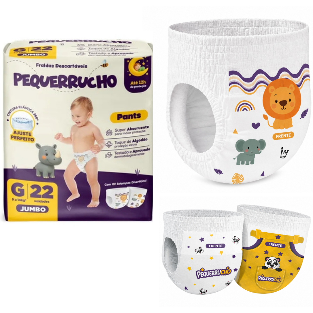 Fralda Calça Descartável PEQUERRUCHO PANTS TAMANHO M/G/EG/SEG Infantil Pants