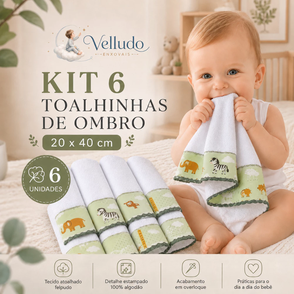 Kit 6 Toalhas de Ombro Bebê Babete Pano de Boca 20x40cm Atoalhado Felpudo Overlocado Estampas Variadas