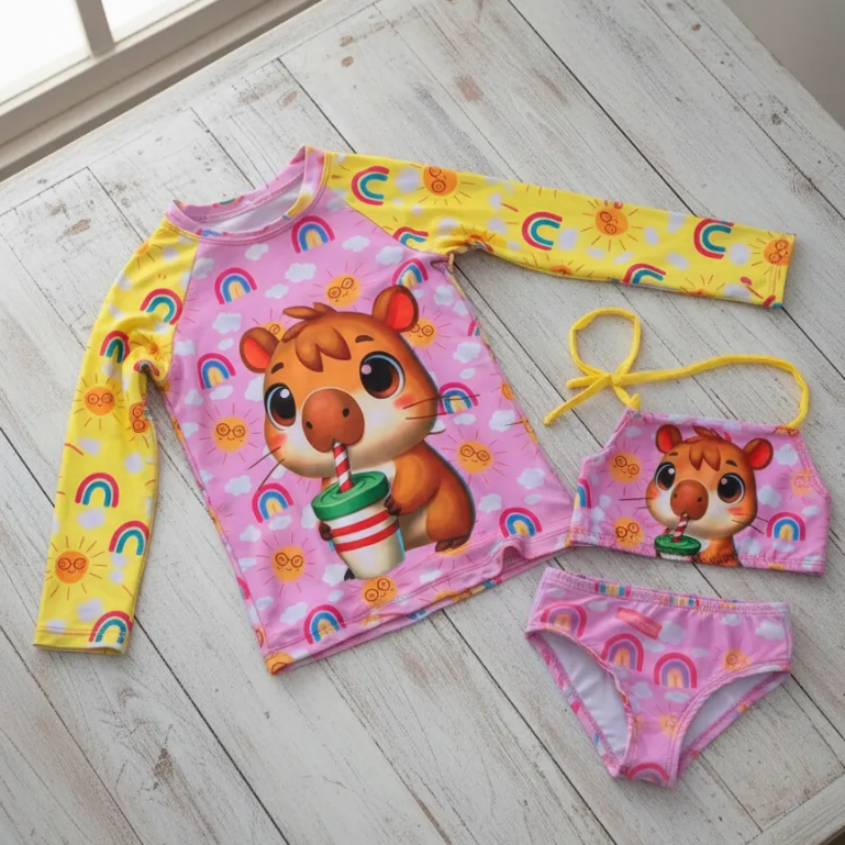 Biquini Capivara com 3 peças Blusa + biquini infantil UV