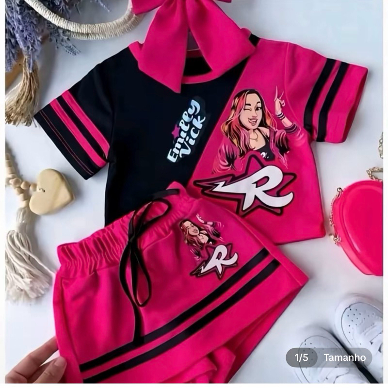 Conjunto Infantil Feminino Estampado Menina |Blusa Manga Curta + Shorts Saia Roupa Infantil Confortável Moda Verão