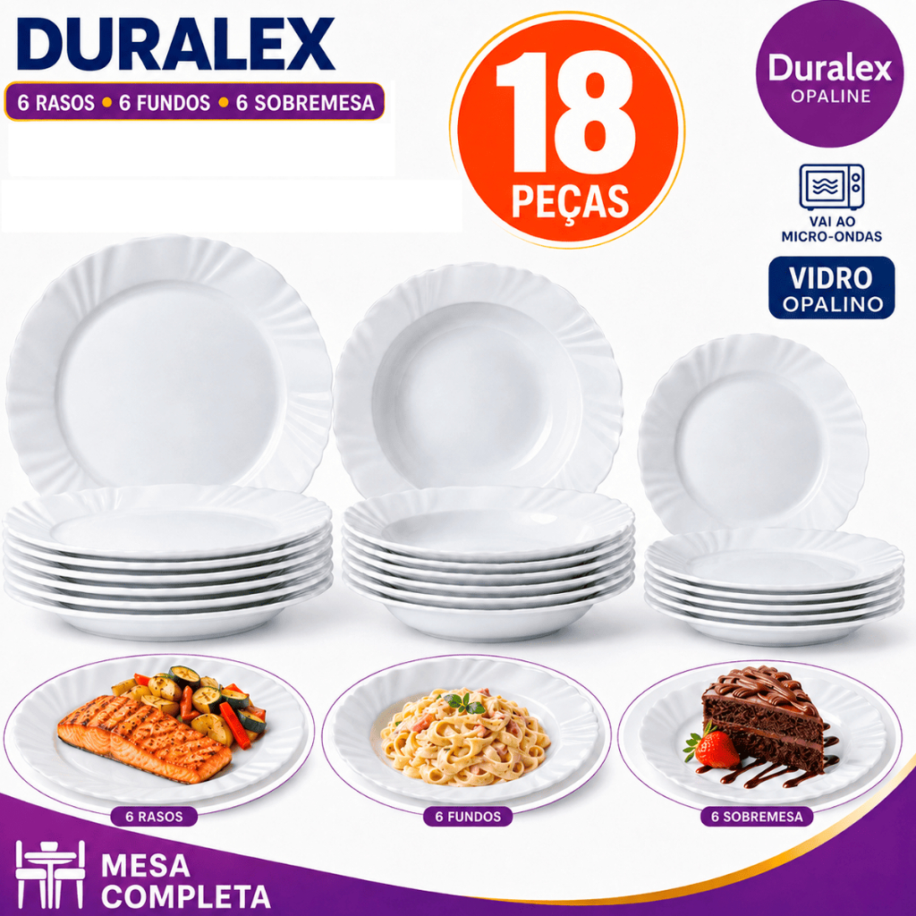 Conjunto Jogo 18 Pratos Pétala Duralex Opaline 6 Fundo 6 Raso 6 Sobremesa Vidro Branco Jantar Casa