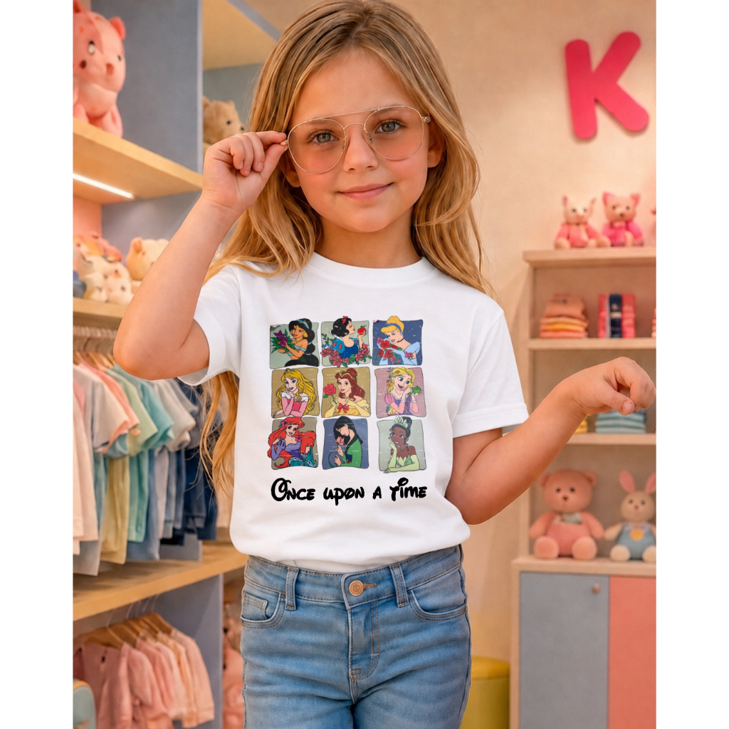 Camiseta Blusa Feminina 100% Algodão PRINCESAS INFANTIL, JONEVIL DO 2 AO 16 Estilosa Super confortável Envio Rápido