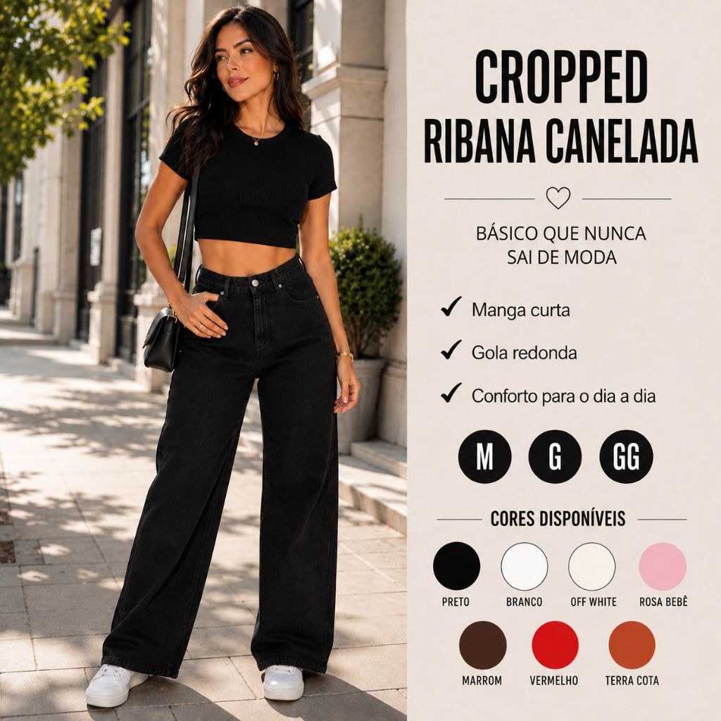 Blusa Cropped Feminina Ribana Canelada Premium Manga Curta Gola Redonda Confortável Versátil