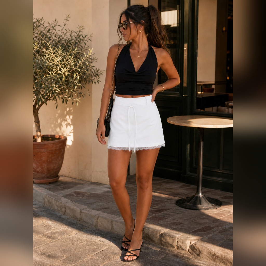 Short Saia Feminino Alfaiataria com Renda | Elegante Casual Moda Feminina P M G 251002