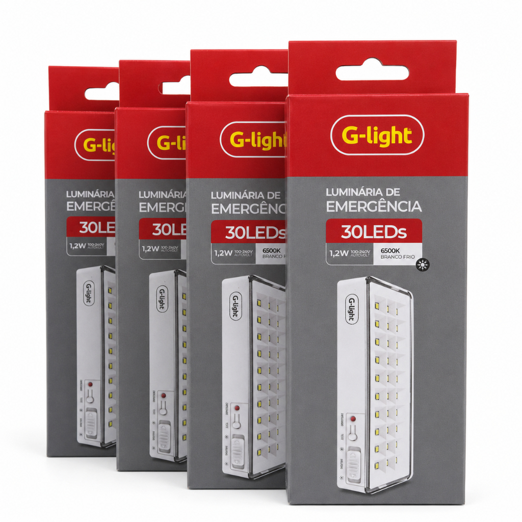 Kit 4 Luminária de Emergência C/ Plug 30 LEDS 1,2 W 6500K Bateria de Litio Bivolt Recarregável G-light