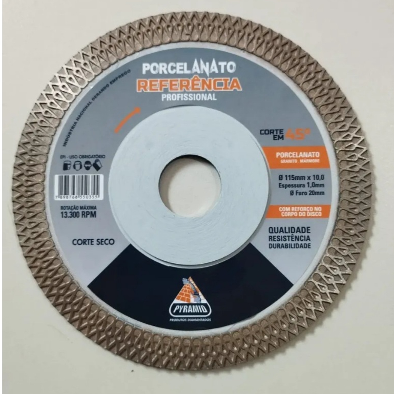 Disco Porcelanato Referencia com reforço furo 20mm Corte 45° Ultra Fino 115mm piso cerâmica Pyramid