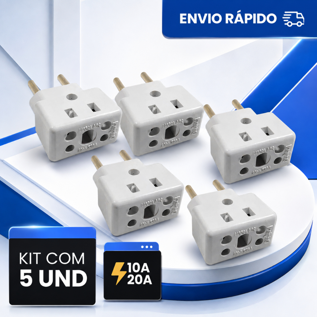 Adaptador de Tomada 1, 3, 5, 10 Benjamim 10A/20A Pino Maciço Modelo Bob Resistente