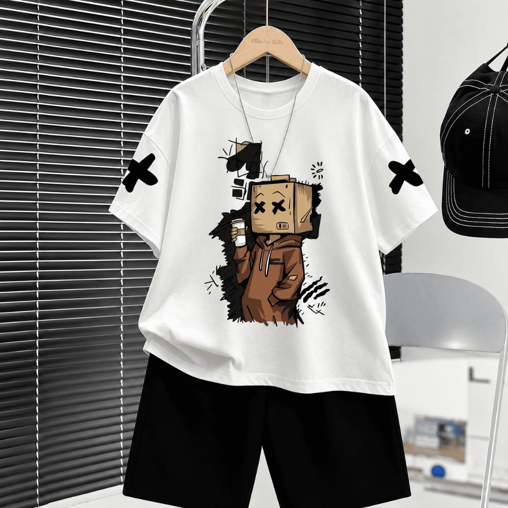 Conjunto Infantil Menino Camiseta Estampada + Bermuda Moletinho Roupa Infantil Casual Verão Confortável