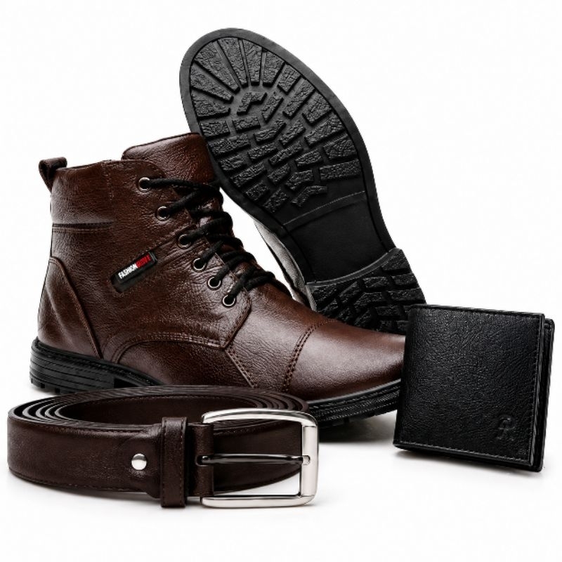 Bota Coturno Masculina Couro + Carteira + Cinto/ Solado Antiderrapante