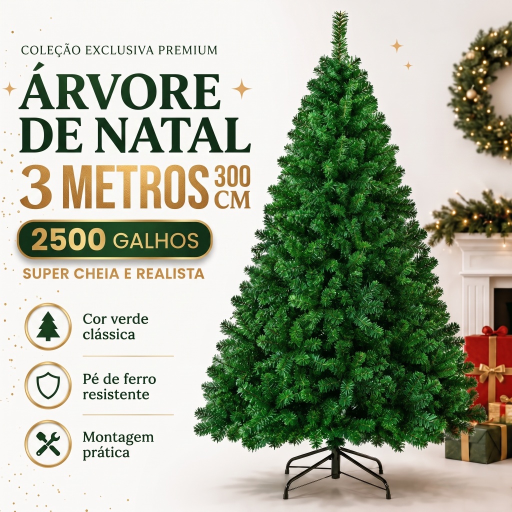 Árvore de Natal Verde 3 Metros 2500 Galhos Cheios Gigante De Luxo Pé de Ferro Pinheiro 3 Metros Premium