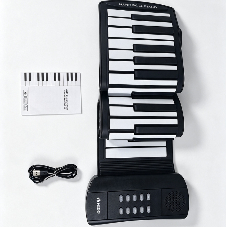Piano de teclado com 61 teclas, teclado portátil de silicone, ideal para iniciantes, material seguro, entrada para fones