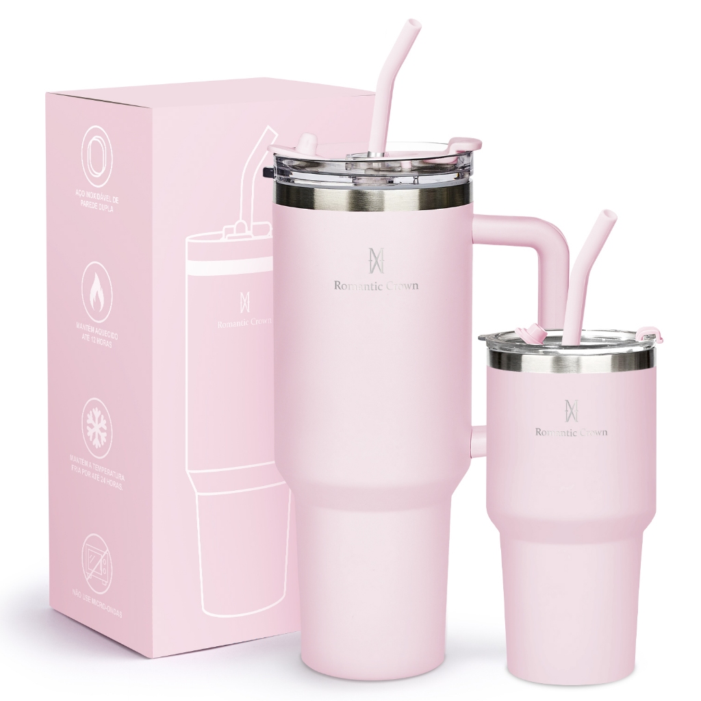 ROMANTIC CROWN Kit 2 Copo Térmico Inox Portátil 1200ml/600ml Garrafa Térmica Inoxidável com Tampa e Canudo