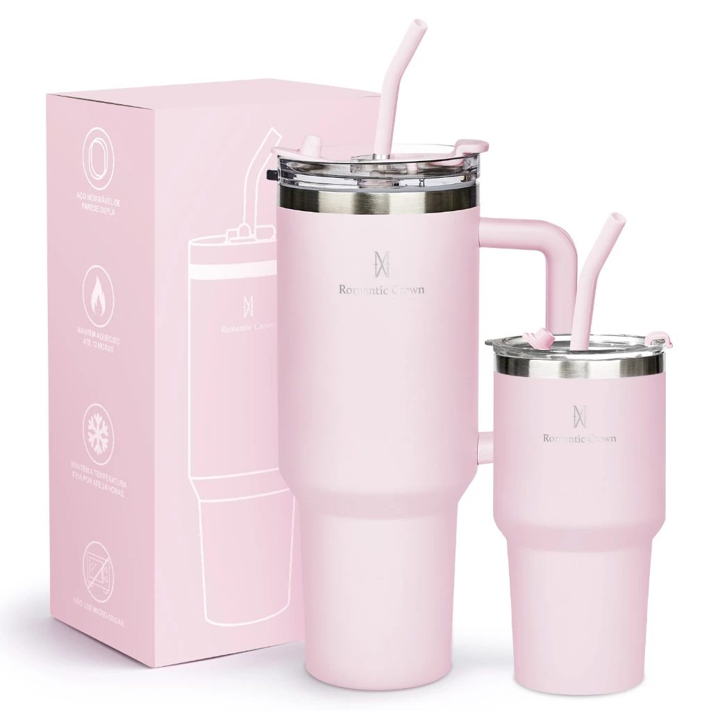 ROMANTIC CROWN Kit 2 Copo Térmico Inox Portátil 1200ml/600ml Garrafa Térmica Inoxidável com Tampa e Canudo