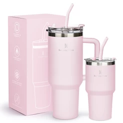 ROMANTIC CROWN Kit 2 Copo Térmico Inox Portátil 1200ml/600ml Garrafa Térmica Inoxidável com Tampa e Canudo