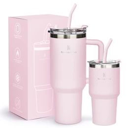 ROMANTIC CROWN Kit 2 Copo Térmico Inox Portátil 1200ml/600ml Garrafa Térmica Inoxidável com Tampa e Canudo