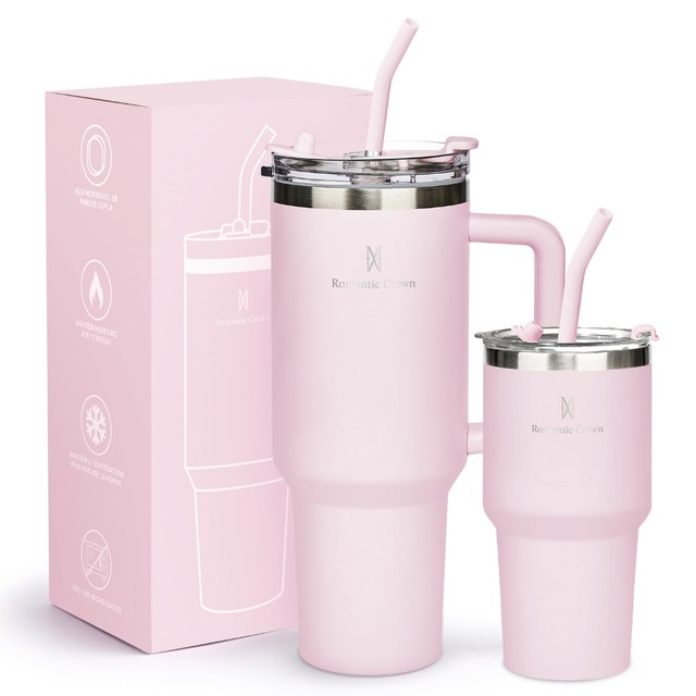 ROMANTIC CROWN Kit 2 Copo Térmico Inox Portátil 1200ml/600ml Garrafa Térmica Inoxidável com Tampa e Canudo