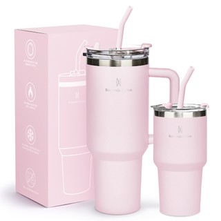 ROMANTIC CROWN Kit 2 Copo Térmico Inox Portátil 1200ml/600ml Garrafa Térmica Inoxidável com Tampa e Canudo