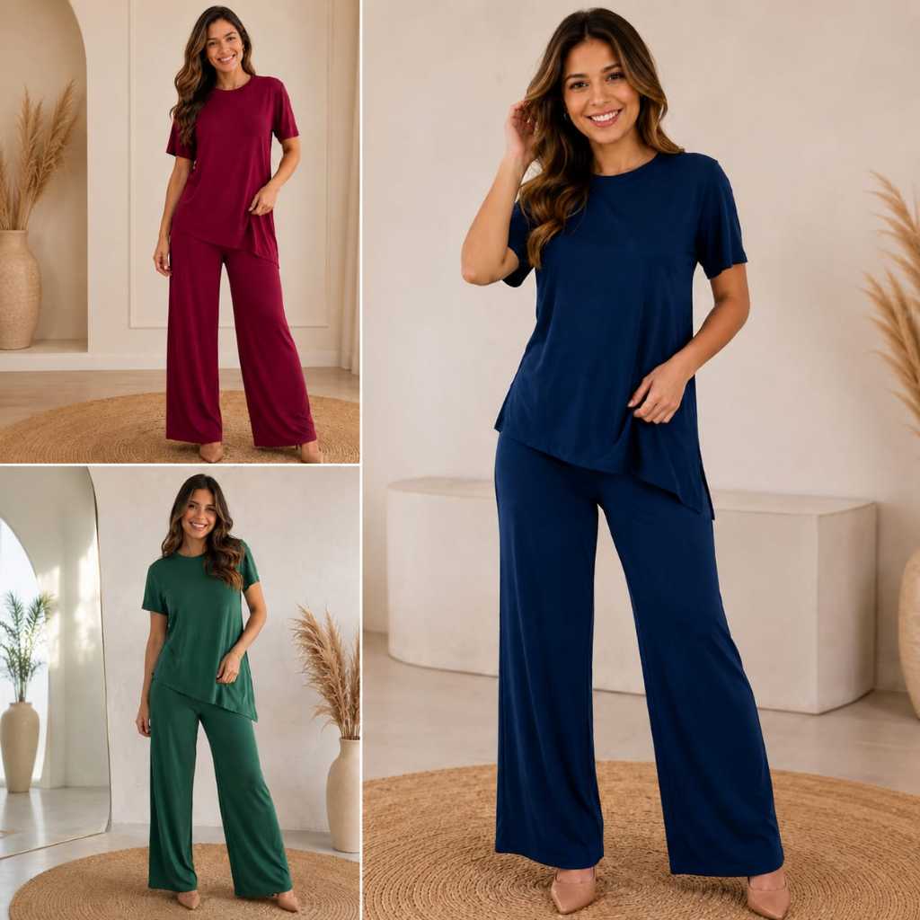Blusa Assimétrica Calça Pantalona P ao G1 Conjunto Feminino casual Conforto Elegante Manga Curta