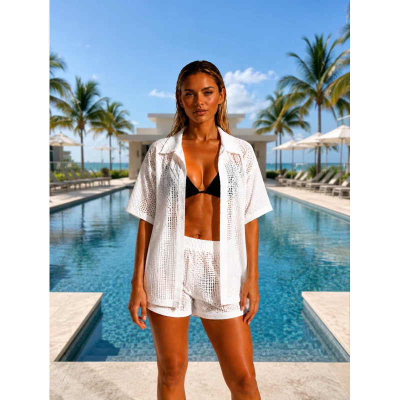 Conjunto Saída de Praia Feminina Kimono + Short Crochê Rendado Leve Verão