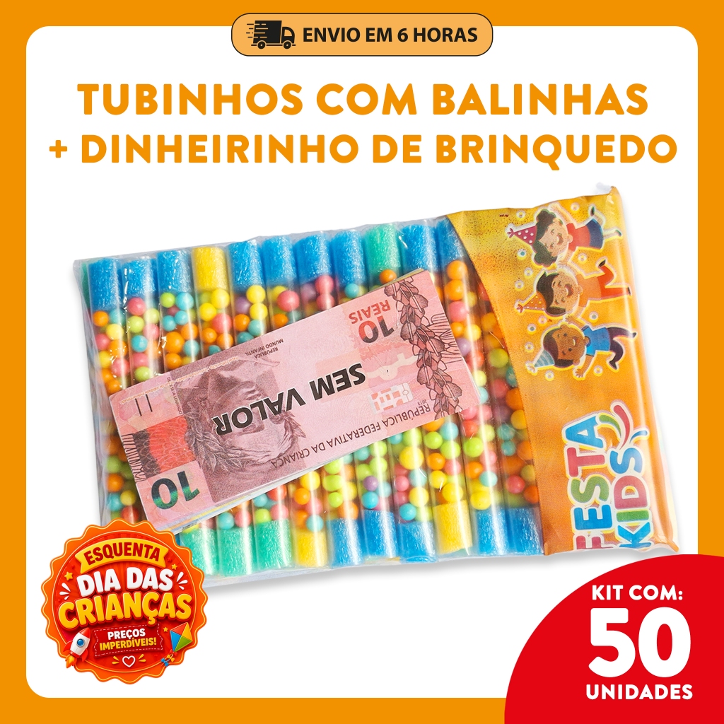 Kit 50 Tubinhos com Bala e Dinheirinho – Lembrancinha Infantil, Dia das Crianças, Aniversário, Festa, Sacolinha Surpresa
