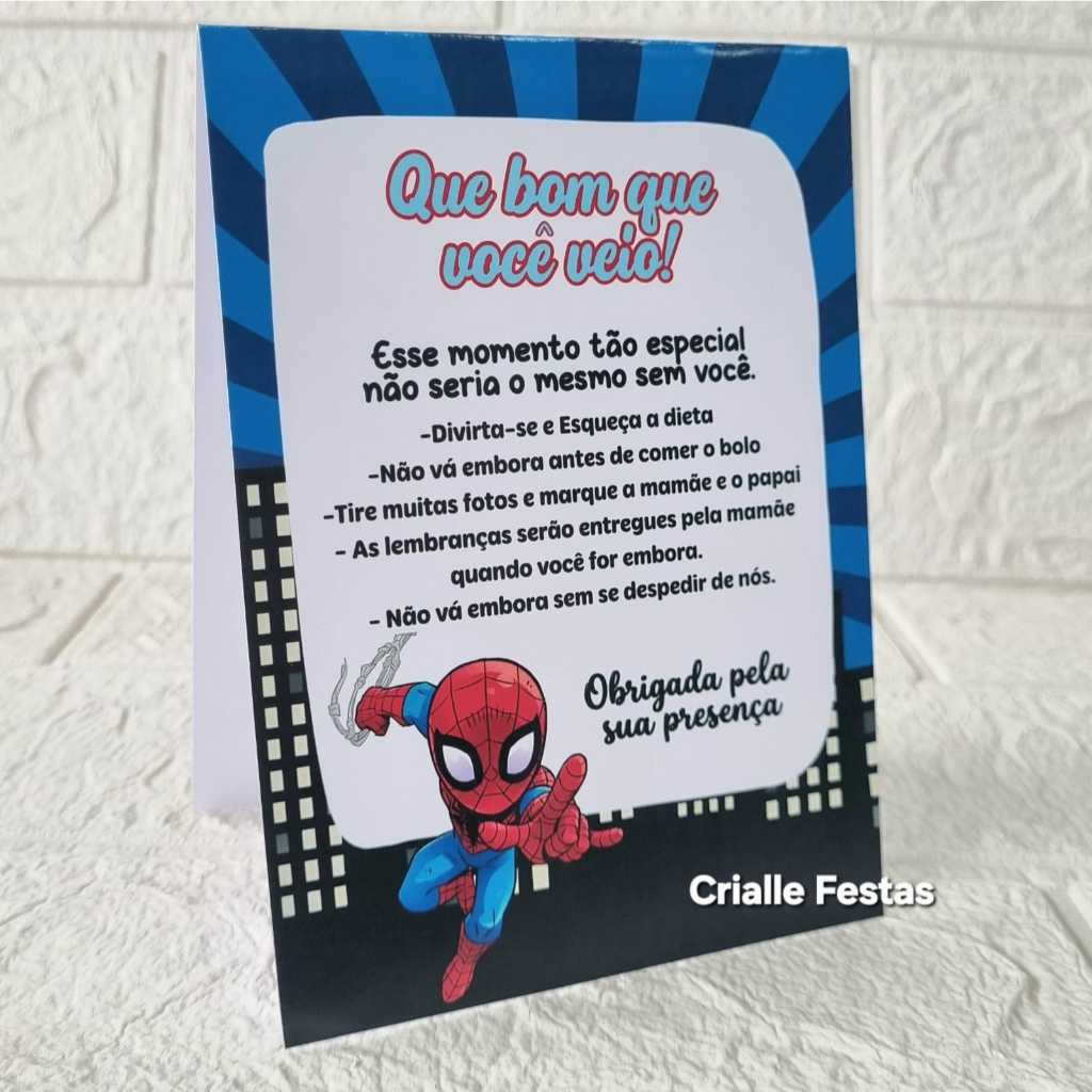 Kit Plaquinha de Mesa Aniversário Homem Aranha Cute Baby | Plaquinha Boas Vindas Festa Centro de Mesa Pronta Entrega