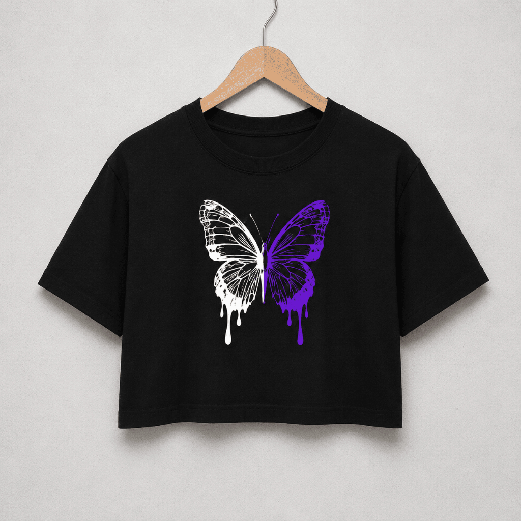 Camiseta Cropped Oversized Preta Borboleta Feminina Algodão 30.1 Academia Dia a Dia Delicada Premium