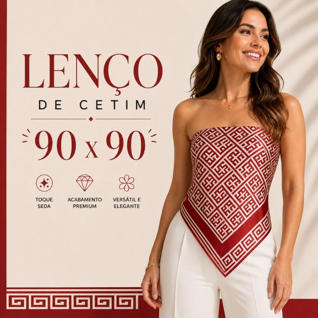 Lenço de Cetim Feminina Moda 90x90cm Estampado Acessório Versátil Bolsa Pescoço Cabelo Cores