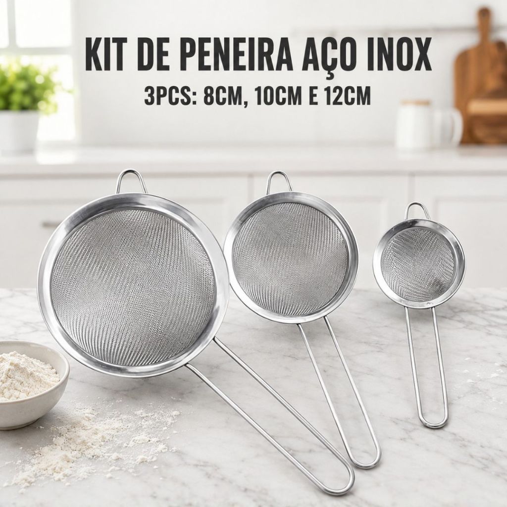 Kit com 3 Peneiras de Aço Inox para Coar Farinha Açúcar Chá Suco e Alimentos 8 10 12cm