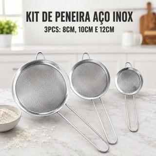 Kit com 3 Peneiras de Aço Inox para Coar Farinha Açúcar Chá Suco e Alimentos 8 10 12cm