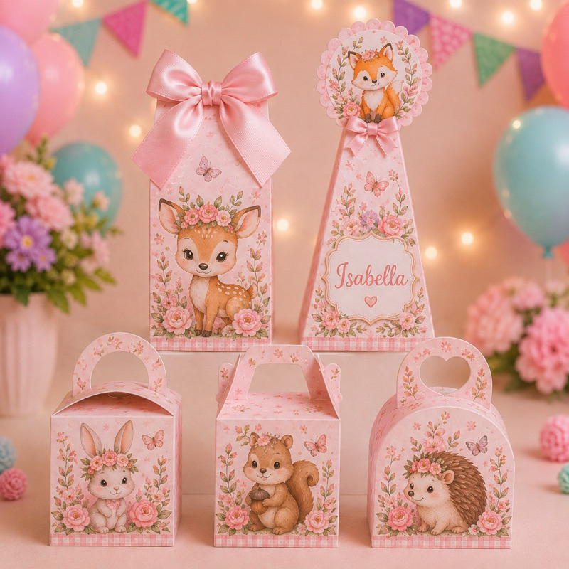 Caixinhas Personalizadas Bosque Encantado menina rosa para lembrancinha de festa, aniversário, mesversario.